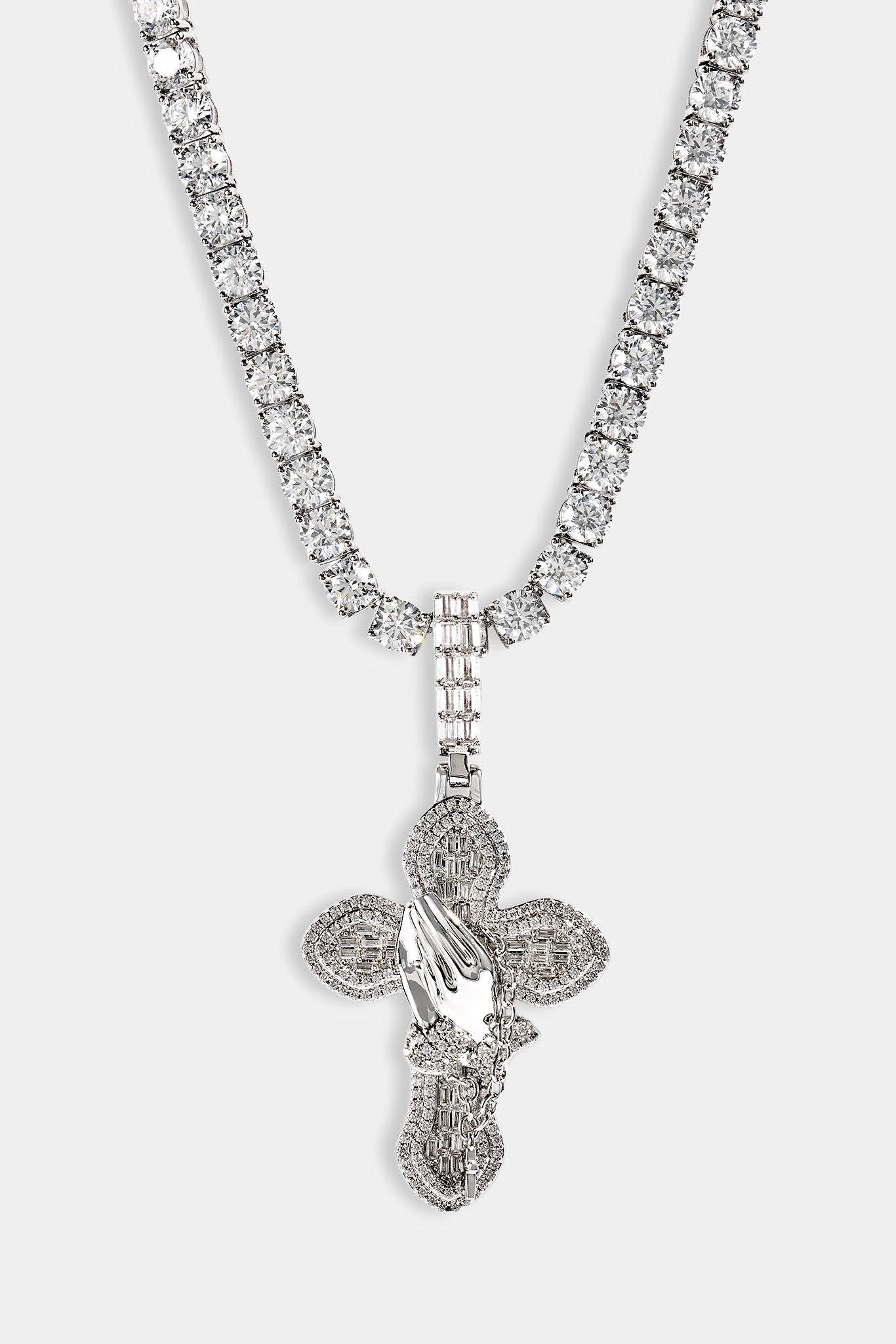 Iced Prayer Hand Cross Pendant Tennis Necklace - 40mm - White